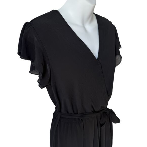 Fit  Flare Black Midi Dress Small Flutter Sleeve Mock Wrap Coquette Flirty Flowy - Picture 16 of 16